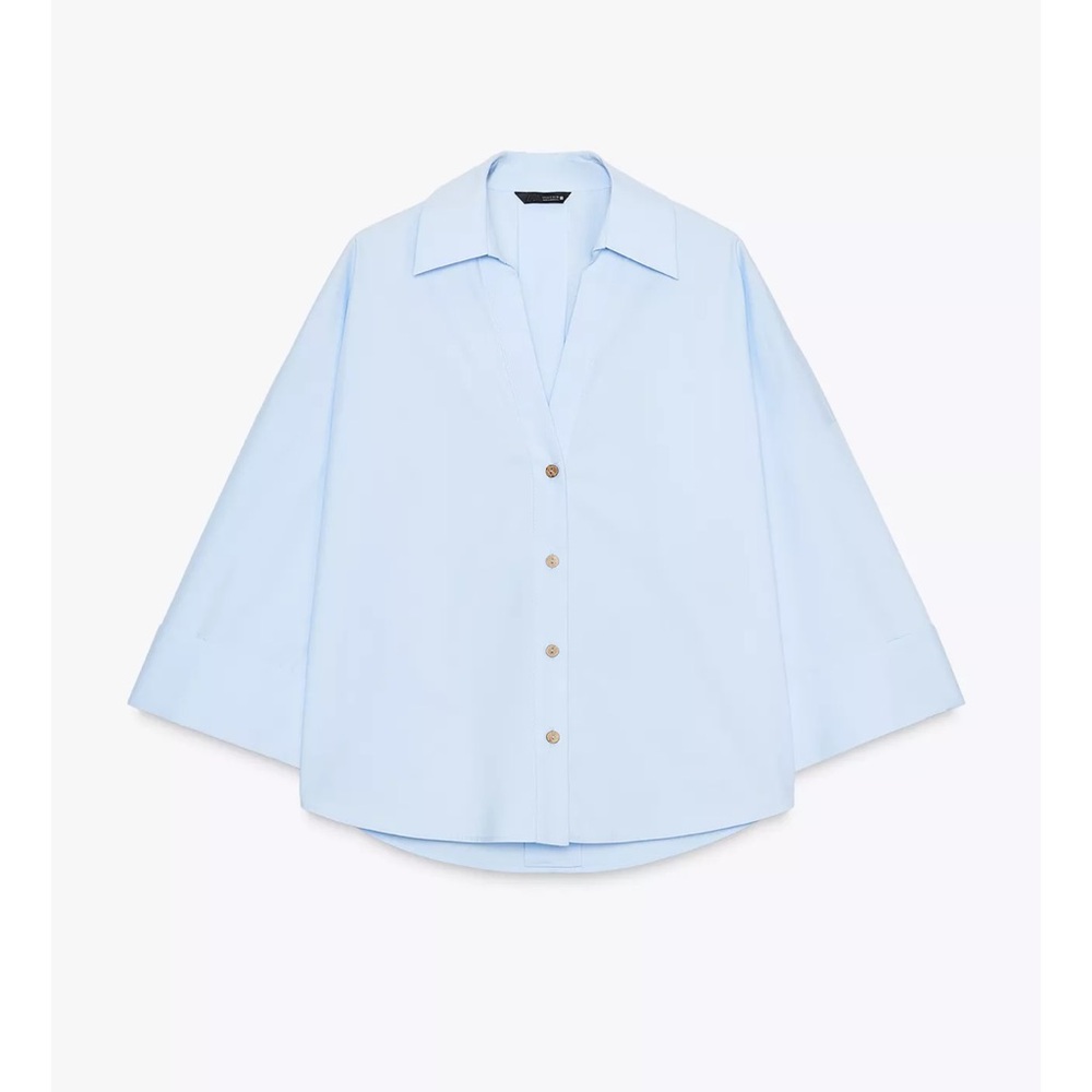 Zara Wide Sleeve Blue Poplin Button-Up Shirt